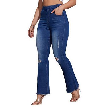 Women Elastic High Waist Ripped Flared Jeans Stretch Distressed Denim Bell Bottom Pants