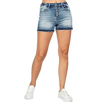 Women High Waist Button Fly Denim Shorts Frayed Raw Hem Stretch Washed Jean Shorts