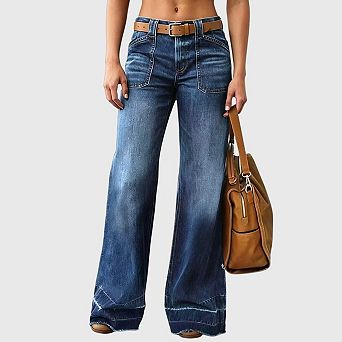Mid Rise Jeans for Women Wide Leg Baggy Denim Pants Casual Straight Leg Without Belt