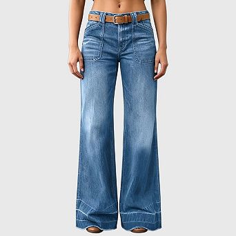 Mid Rise Jeans for Women Wide Leg Baggy Denim Pants Casual Straight Leg Without Belt