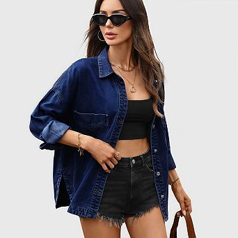 Women Denim Shirts Oversized Long Sleeve Button Down Blouse Distresse Jean Jacket Fall Outfits