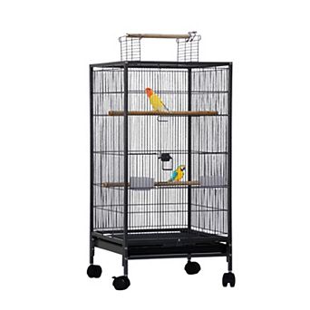40 Inch Wrought Iron Bird Cage Open Top Rolling Stand with Wooden Perches