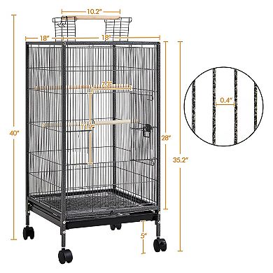 40 Inch Wrought Iron Bird Cage Open Top Rolling Stand with Wooden Perches