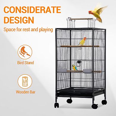 40 Inch Wrought Iron Bird Cage Open Top Rolling Stand with Wooden Perches