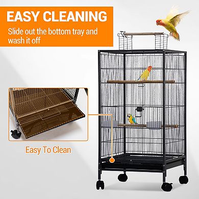 40 Inch Wrought Iron Bird Cage Open Top Rolling Stand with Wooden Perches