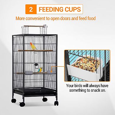 40 Inch Wrought Iron Bird Cage Open Top Rolling Stand with Wooden Perches