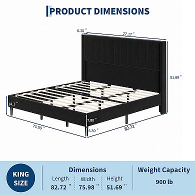 Upholstered Platform Bed Frame with Tall Velvet Wingback Headboard, Noise Free, Easy Assembly