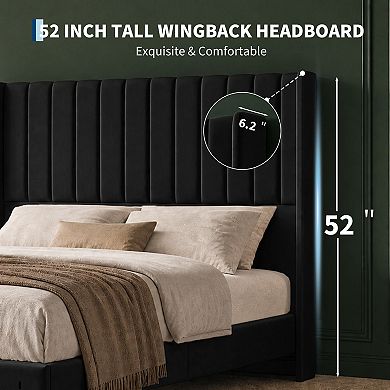 Upholstered Platform Bed Frame with Tall Velvet Wingback Headboard, Noise Free, Easy Assembly