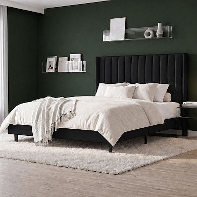 Upholstered Platform Bed Frame with Tall Velvet Wingback Headboard, Noise Free, Easy Assembly