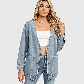Oversized Denim Jacket for Women Button Front Casual Long Sleeve Jean Cardigan Coat
