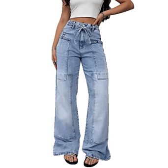 Women's Wide Leg Jeans High Waisted Baggy Cargo Denim Paperbag Drawstring Light Wash Pants