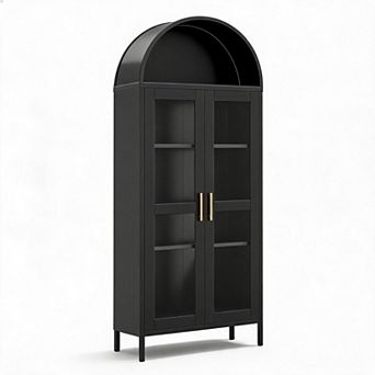 Black 73 Inch Arched Metal Display Cabinet Adjustable Shelves Glass Door Bookcase