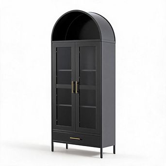 Black 73 in Arched Metal Storage Cabinet Glass Doors Adjustable Shelves Pantry Bookcase