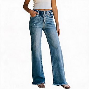 Jeans for Women High Waist Denim Trousers Frayed Hem Distressed Pants with Pocket