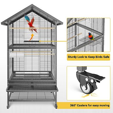 31.4" Large Multi Level Metal Parrot Cage Rolling Flight Cage for Pet Birds