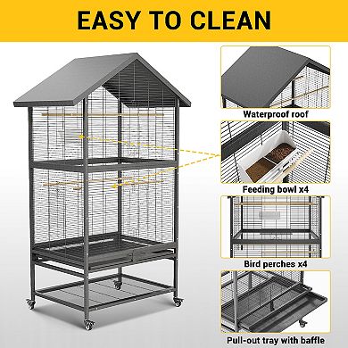 31.4" Large Multi Level Metal Parrot Cage Rolling Flight Cage for Pet Birds