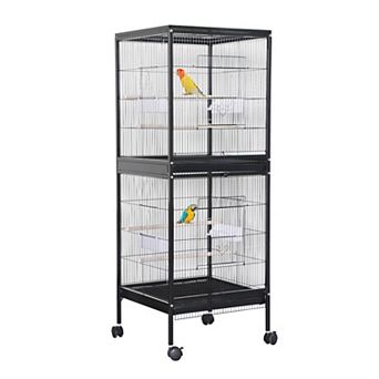 Black 55 Inch Metal Bird Cage Rolling Stand 2 in 1 Travel Carrier For Small Birds