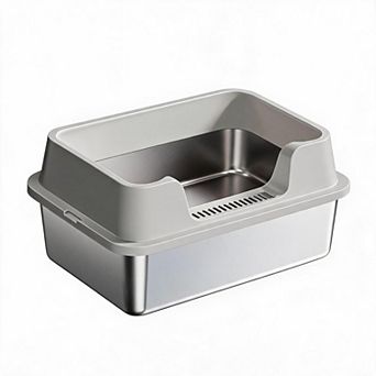 Gray Large High Sided Stainless Steel Cat Litter Box Anti Leak Non Slip Base