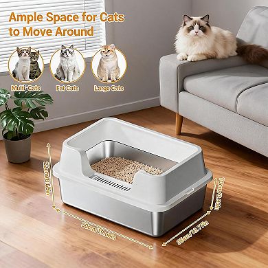 Gray Large High Sided Stainless Steel Cat Litter Box Anti Leak Non Slip Base