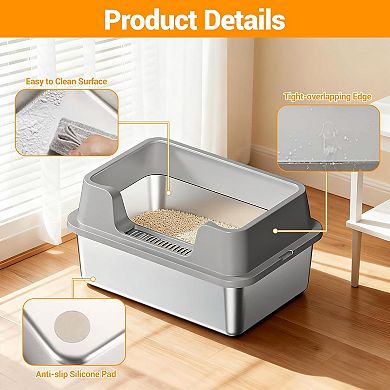 Gray Large High Sided Stainless Steel Cat Litter Box Anti Leak Non Slip Base
