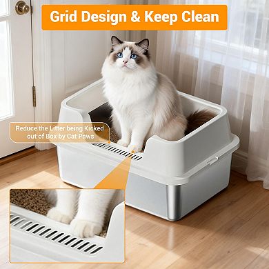 Gray Large High Sided Stainless Steel Cat Litter Box Anti Leak Non Slip Base
