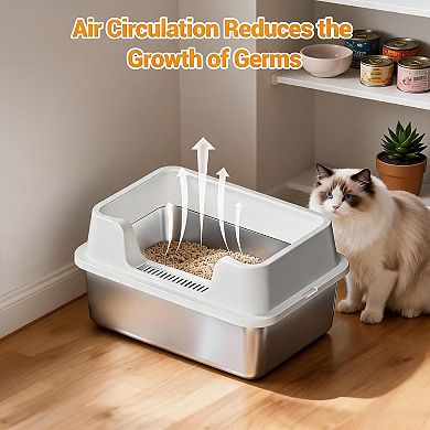 Gray Large High Sided Stainless Steel Cat Litter Box Anti Leak Non Slip Base