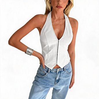 Women Top Halter Neck Front Zip Sleeveless Fitted Hem Split Waistcoat Style Cami