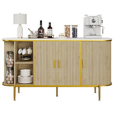 59" Modern Buffet Cabinet with Sliding Doors, Faux Marble Top, Adjustable Shelves