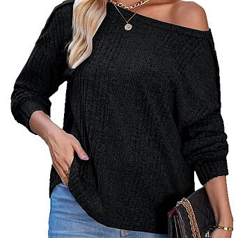 Women Top Off Shoulder Diagonal Ribbed Knit Long Sleeve Oversized Slouchy Sweater Top