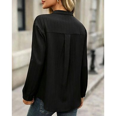 Women Top Mandarin Collar Half Button Roll Tab Sleeve Vertical Striped Office Shirt