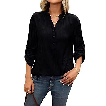 Women Top Mandarin Collar Half Button Roll Tab Sleeve Vertical Striped Office Shirt