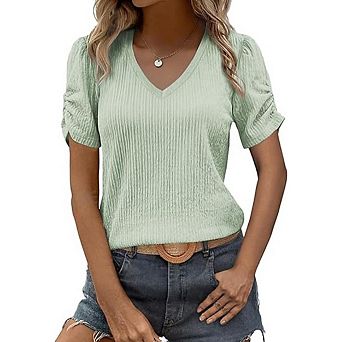 Women Top V Neck Vertical Ribbed Puff Short Sleeve Slim Fit Everyday Casual Shirt
