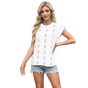 Women Top Round Neck Eyelet Cable Knit Cap Sleeve Loose Summer Sleeveless Blouse