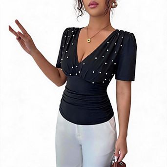 Women Top V Neck Pearl Embellished Puff Sleeve Ruched Waist Fitted Casual Blouse