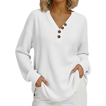 Women Top Henley V Neck Button Placket Waffle Knit Long Sleeve Oversized Pocket Tunic