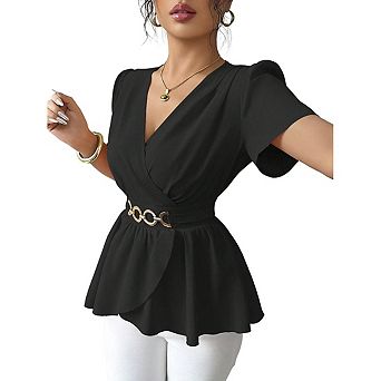 Women Top Wrap V Neck Belted Chain Buckle Peplum Short Sleeve Blouse