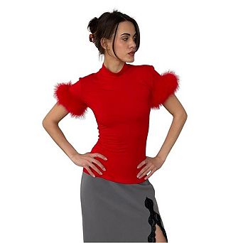 Women Top Mock Neck Fuzzy Trim Short Sleeve Ruched Slim Fitted Party Tee