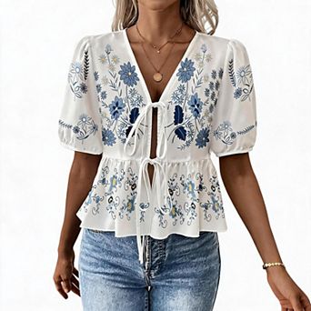 Women Top Floral Print V Neck Tie Front Puff Sleeve Peplum Casual Blouse