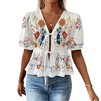 Women Top Floral Print V Neck Tie Front Puff Sleeve Peplum Casual Blouse