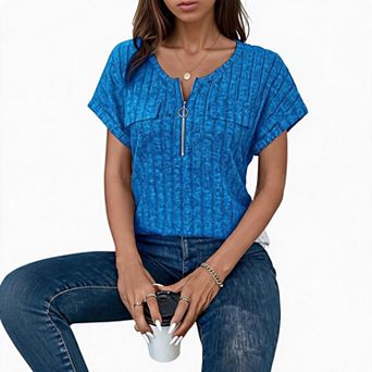 Women Top Notch Neck Half Zip Pocket Detail Short Sleeve Ribbed Casual Blouse