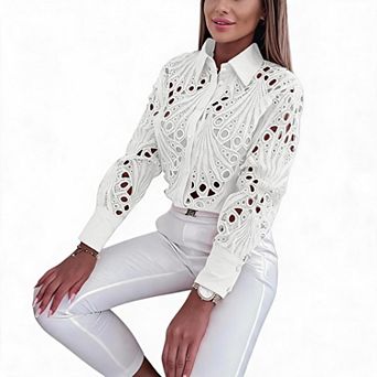 Women Top Collared Button Up Hollow Out Lace Long Sleeve Elegant Party Shirt