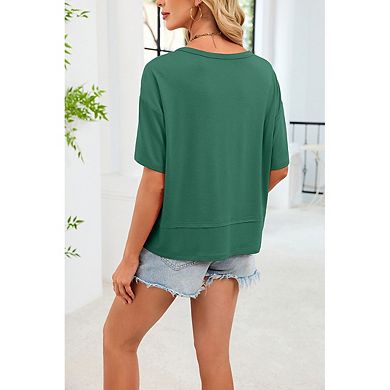Women Top V Neck Drop Shoulder Loose Short Sleeve Hem Split Casual Basic Tee