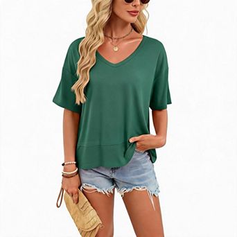 Women Top V Neck Drop Shoulder Loose Short Sleeve Hem Split Casual Basic Tee