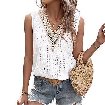 Women Top V Neck Eyelet Embroidery Sleeveless Hollow Out Loose Summer Tank Top