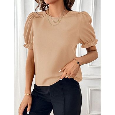 Women Top Round Neck Puff Short Sleeve Pleated Shoulder Solid Loose Office Blouse