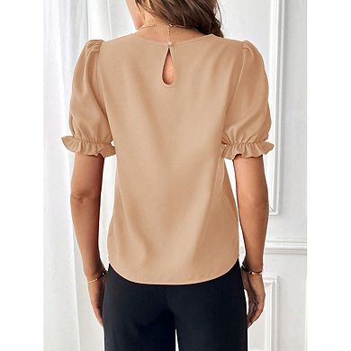 Women Top Round Neck Puff Short Sleeve Pleated Shoulder Solid Loose Office Blouse