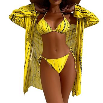 Women's 3 pc Halter Triangle Bikini Set with Long Sleeve Cover Up for Beachwear