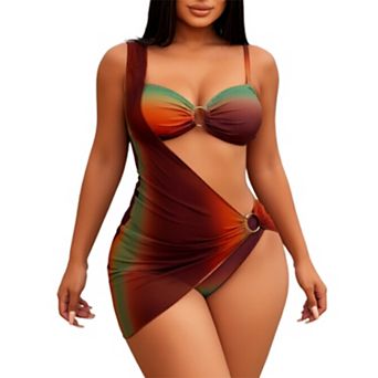 Women's 3 pc Gradient Swimsuit with Wrap Cover Up Skirt