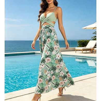 Women's 3 Piece Wrap Bikini Set with Floral Maxi Skirt Cover Up