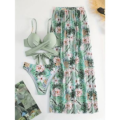Women's 3 Piece Wrap Bikini Set with Floral Maxi Skirt Cover Up
